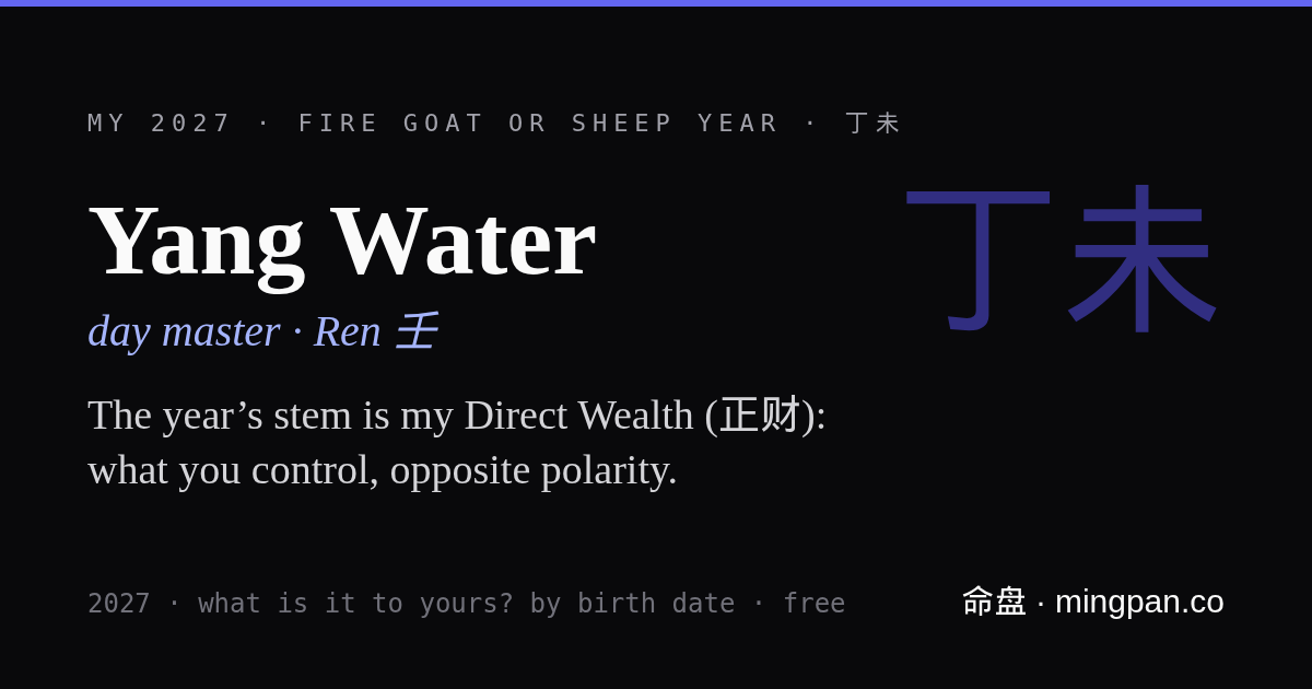 My 2027: the Fire Goat or Sheep year (Ding Wei, 丁未) meets my Yang Water day master: its stem is my Direct Wealth (正财).