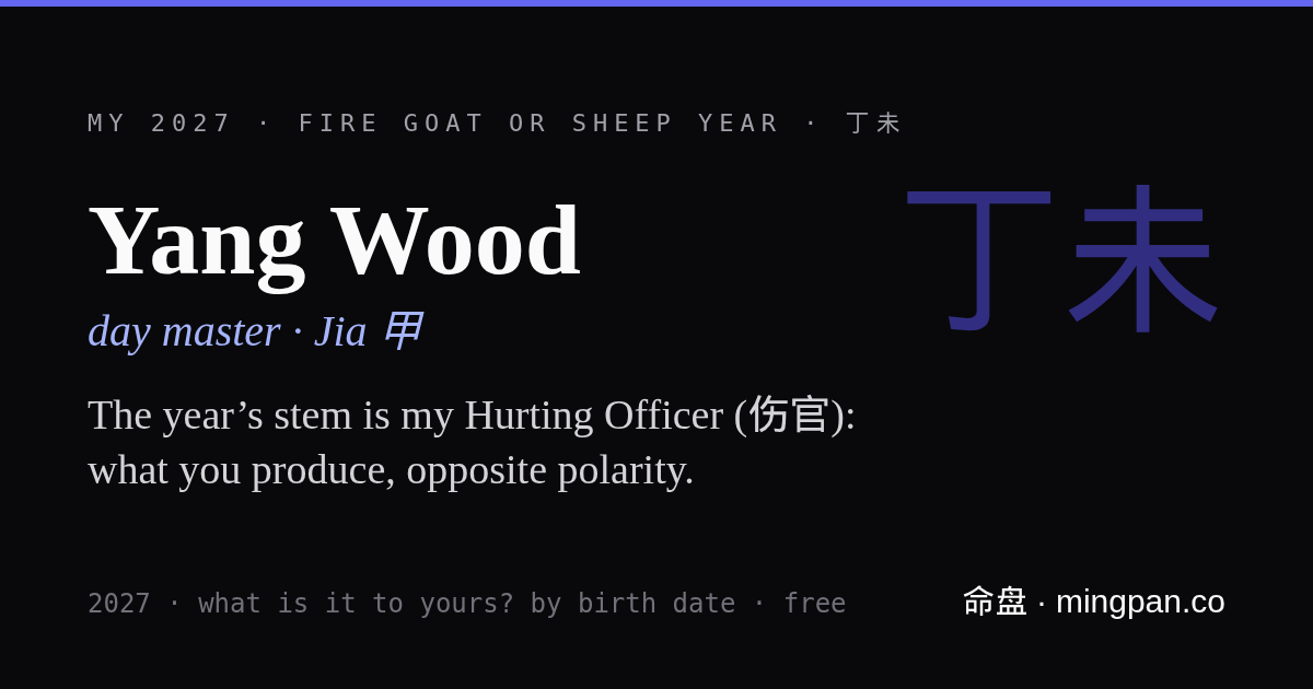 My 2027: the Fire Goat or Sheep year (Ding Wei, 丁未) meets my Yang Wood day master: its stem is my Hurting Officer (伤官).